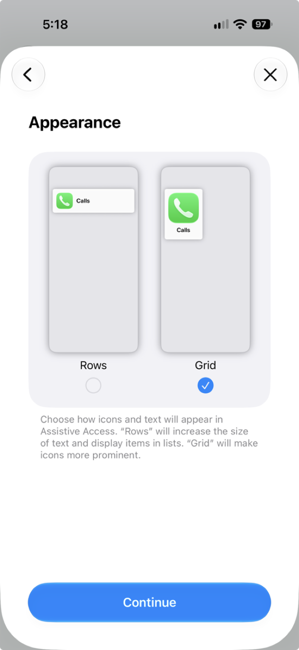 The Appearance screen in the setup assistant, showing a Rows layout with a list item and a Grid layout with a large tile, Grid selected.