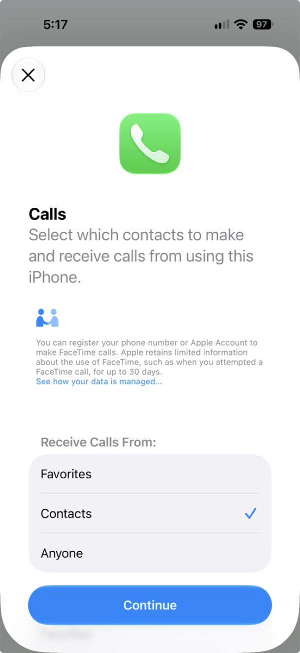 The Calls options screen in the setup assistant, with Receive Calls From set to Contacts and Favorites and Anyone as the other choices.